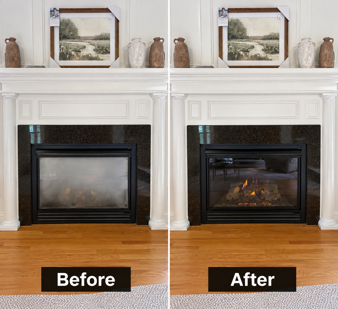 Heatilator gas fireplace before and after service — heavily soiled glass restored to crystal clear, Holly Springs NC